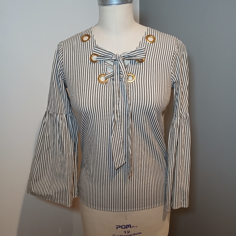 Michael Kors Green & White Striped Bell  Blouse Grommet & Tie Detail / XS
